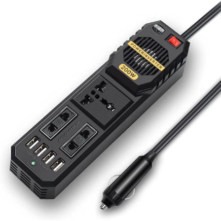 200W Inverter Bil Konverter DC 12V til AC 220V med 2 Opladningsudtag 4 USB-porte Cigarettænderstik Adapter