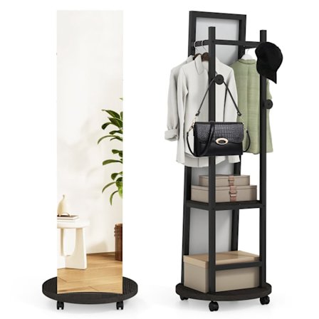 Kokovartalopeili koukuilla, hyllyillä ja pyörillä, musta