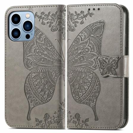 Iphone 13 Pro Max Fodral Butterfly Textur Läder Grå