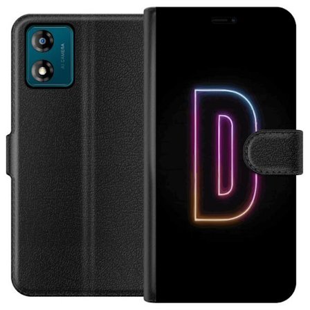Kompatibel Tegnebogsetui til Motorola Motorola Moto E13 Minimalistisk neonbogstav D i farveskiftende lys mod sort baggrund i moderne digital design