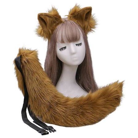 Simuleret plys katteører pandebånd med ensfarvet pelsdyr lang hale sæt(Brun)