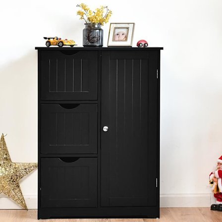 COSTWAY puiset kylpyhuonekalusteet, 3 laatikkoa ja 1 kaappi, säilytystila olohuoneeseen, makuuhuone, 60 x 30 x 81 cm, musta