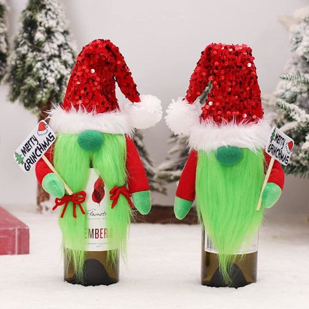2-delars juliga lurviga tomte vinflaskskydd - Grön monsterdesign, plyschtoppar med "Merry Grinchmas"-skyltar, festlig dekor