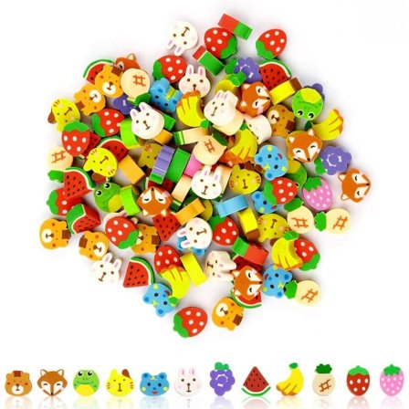 【PP】100 stk. Mini viskelædere, søde dyre- og frugtformede små blyantsviskelædere, skolematerialer til festgaver, klassebelønninger (frugt & dyr)