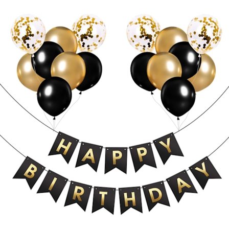Gratulerer med dagen-banner, svart og gull bursdagsdekorasjon – Bursdagsbanner med 12" ballonger, bånd og klebrige veggkroker