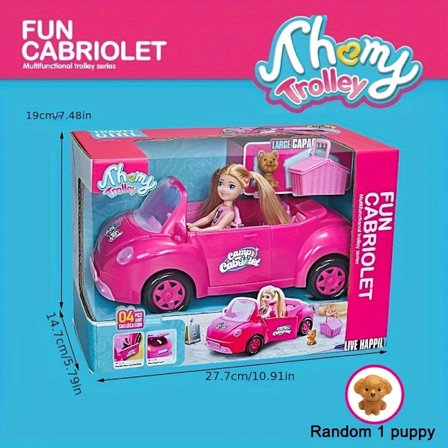 Resedocka med cabriolet, picknickfordonsleksaksset, hund och korgtillbehör