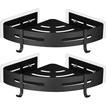 Metal Hjørnehylde til Brusebad uden Boring med 2 Brusekroge Rustfri Selvklæbende Holder til Badeværelsesartikler 2 Stykker (Sort)
