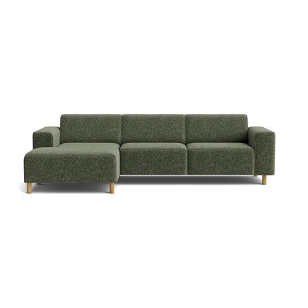 Seam Chaiselongue-Sofa, links in Genesis Grün, modernes Design mit Nozag-Federung für hohen Sitzkomfort, elegantes Ecksofa, Höhe 78cm.
