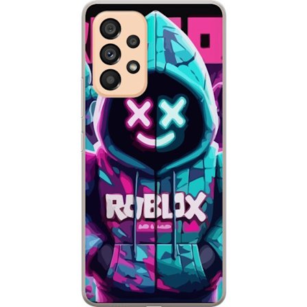Samsung Galaxy A53 5G Gennemsigtig cover Roblox neon hættegenser close-up med intensiv close-up af kostume karakter i pink og blå neon lys, der give