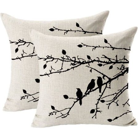 Set med 2 vintage örngott, snäckskalsmönster, fåglar, grenar, svart, 45 x 45 cm