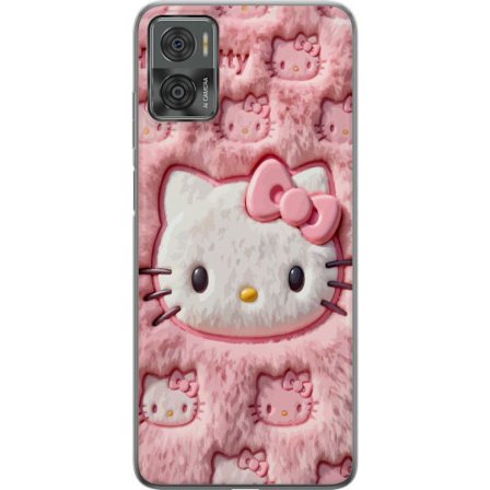 Kompatibelt Mobildeksel til Motorola Moto E22i Hello Kitty rosa fluffy bakgrunn med ikoniskt ansikt og kawaii-estetikk