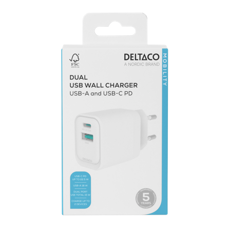 Deltaco USB wall charger, 1x USB-A 18 W, 1x USB-C PD 20 W, white