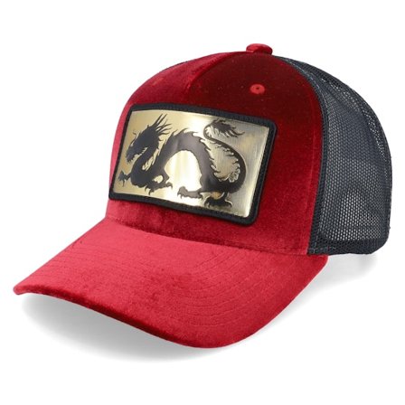 Calza Pennello - Chinese Dragon Gold Patch Velvet Red/Black A-frame Trucker Trucker Red Cap - @ Hatstore