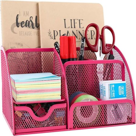 Kontor Net Bord Organizer Alsidig Skrivebordsopbevaring Skrivebordsarrangør Penholder med Skuffe, Pink