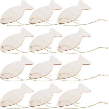 Træudskærings Ornament Lille Fisk Træ Beige Sisal Reb 32 stk