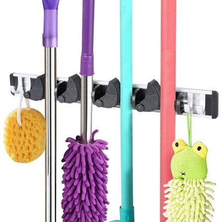 Multifunktionell väggmonterad kvasthållare, förvaringshängare för kök, garage, tvättstuga (svart, 4 hål)