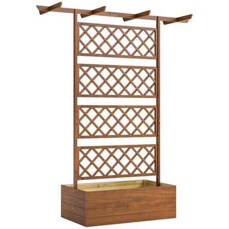 Puinen istutuslaatikko säleiköllä ja katolla köynnöskasveille