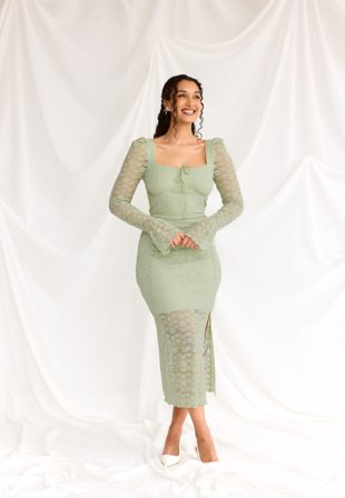 BUBBLEROOM Square Neck Lace Dress Dusty green L