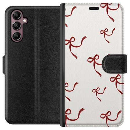 Yhteensopiva Lompakkokotelo Samsung Galaxy A14 5G Punainen nauhakuvio, jossa punaisia silkki rusetteja vaalealla taustalla täydellinen jouluromantiikk