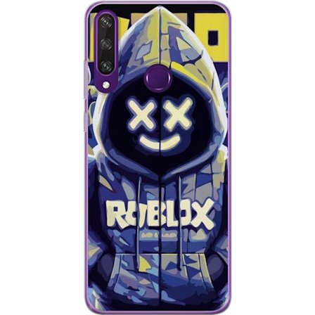 Kompatibel Mobilcover til Huawei Huawei Y6p Blågul Roblox hættetrøje-figur med minimalistisk neonstil og mesh-ansigt, moderne spilillustration til