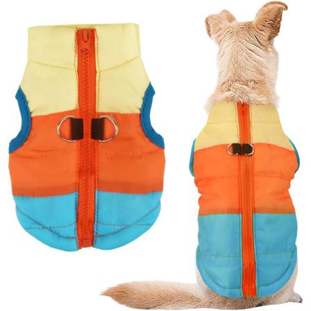 Hund- och kattväst med koppelögla, färgglada lappar, vadderad valpväst, jacka, nallebjörnsdräkt, chihuahua-kostym, mopskläder (medium (1-pack), 
