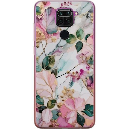 Kompatibelt Mobildeksel til Xiaomi Redmi Note 9 Abstrakt marmormønster med blomster, blader og gyldne detaljer i myke pastellfarger