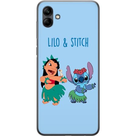 Kompatibel Mobilcover til Samsung Galaxy A05 Farverig illustration af Lilo og Stitch, der danser hula i græsskjorter