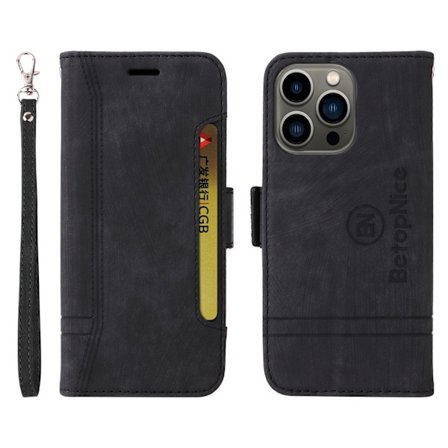 Fodral för iPhone 14 Pro Max svart plånbok med korthållare flip soft-touch