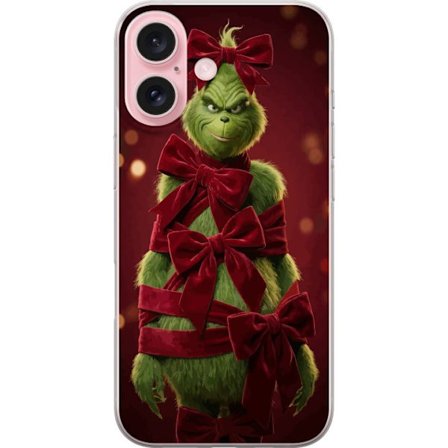 Yhteensopiva Puhelinkuori Apple Apple iPhone 16 Grinchi-hahmo koristeltu punaisilla samettinauhoilla juhlavassa studiossa, leikkisällä ja humoristis