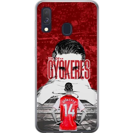 Yhteensopiva Puhelinkuori Samsung Galaxy A40 Punainen dramaattinen kollaasikuva, jossa esiintyy Viktor Gyökeresin muotokuva ja pelaajia takaapäin aree