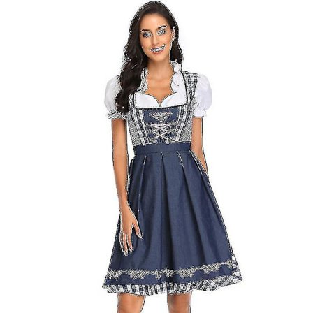 High Quality Traditional German Plaid Dirndl Dress Oktoberfest Costume Outfit For Adult Women Halloween Fancy Party-G Style5 Dark Blue