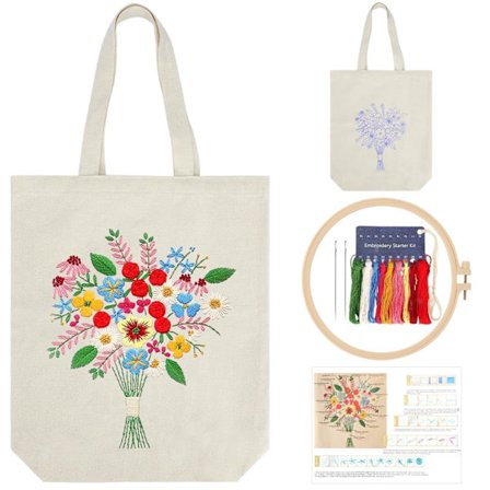 Lærred Tote Taske Broderikit med Blomstermønster, Kunst og DIY Voksne Korssting Håndværkssæt, Hvid