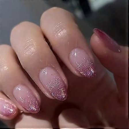 24 stk. franske korte mandelformede kunstige negle med gradienter, lilla, skinnende design, nem gør-det-selv påsætning til fester og hverdagsbrug