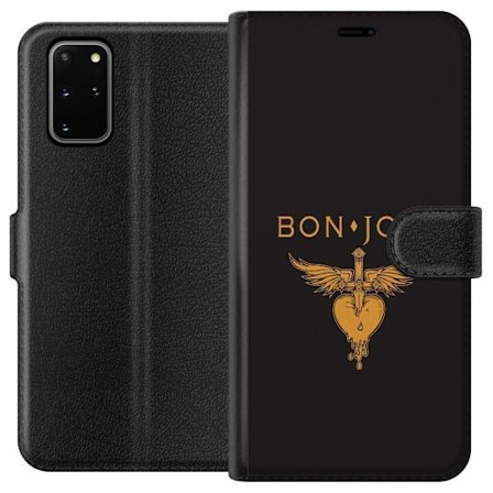 Kompatibelt Plånboksfodral till Samsung Samsung Galaxy S20+ Ikonisk musikillustration med bevingat hjärta och dolk i guldtoner på mörk bakgrund, k