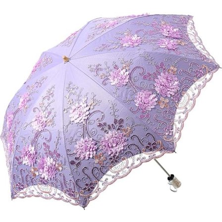 Dam Broderad Spets Dubbeldäck Anti-UV Parasol Paraply Sol/Regn/Snö Fällbart Paraply