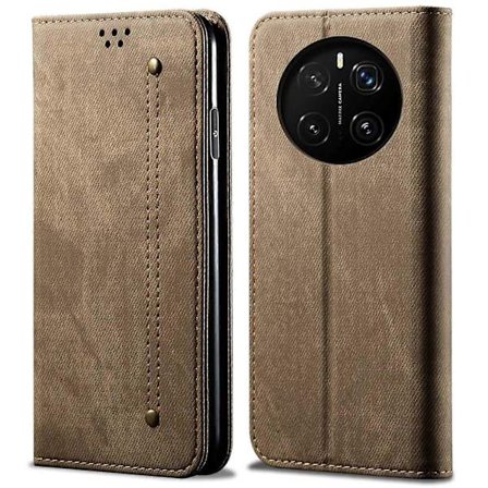 Honor Magic7 Pro 5G Mobilskal Denim Textur Reptåligt Läderställ Telefonskyddsfodral - Khaki (Khaki)