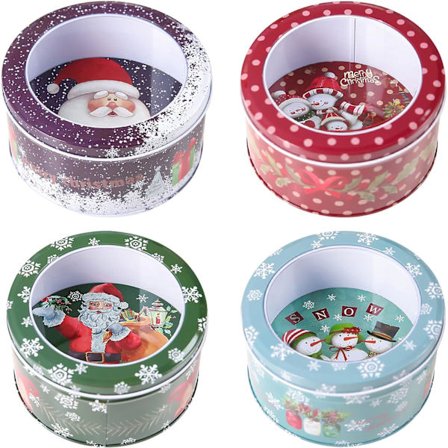 4 kappaletta jouluinen peltirasia tyhjä joulurasia ikkunalla pyöreä