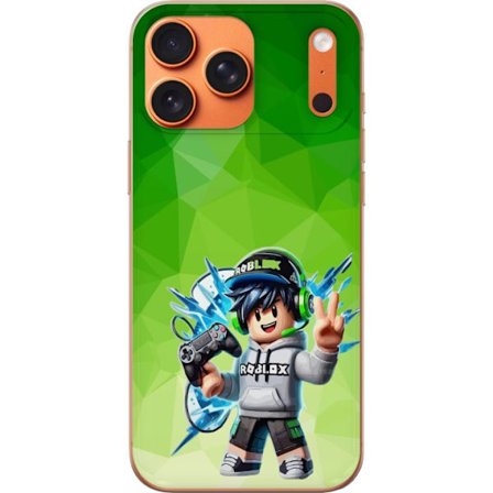 Yhteensopiva Puhelinkuori Apple Apple iPhone 17 Pro Max Roblox-inspiroitu pelaajahahmo, jossa on kuulokkeet, ohjain ja energiset efektit vihreää tau