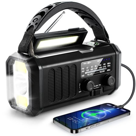 Käyttökelpoinen radio käsikäyttöisellä latauksella, 10000mAh hätäradio, aurinkopaneeliradio AM/FM sääradio, USB Type-C lataus, taskulamppu ja LED-