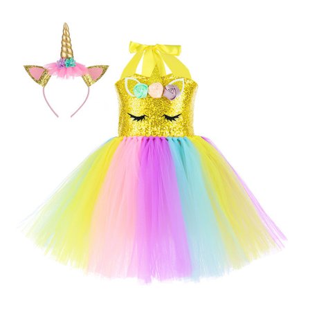 Drømmer Håndlaget Sequin Unicorn Kjole for Jenter 1-10Y med Hodebånd Bursdag Dansefest Kjoler