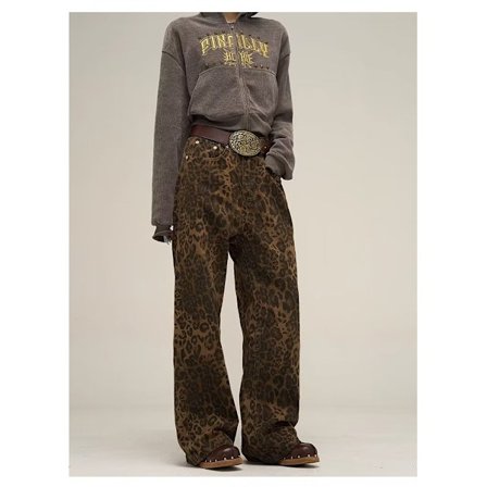 Dam Vintage Leopard Jeans Vår Höst Enkla Casual Oversize Vida Ben Byxor Streetwear Hip Hop Kvinnliga Lösa Byxor Leopard
