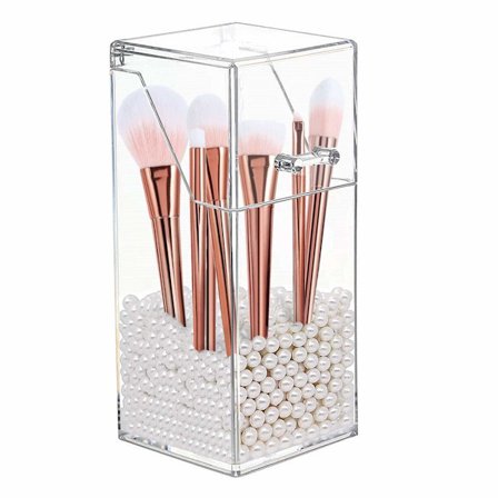 Makeupborsthållare Organizer med lock och pärla, Klar fyrkantig
