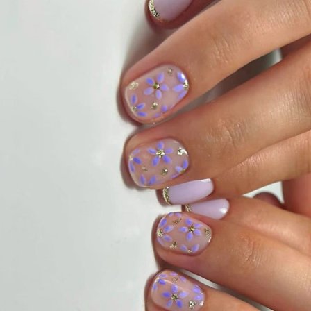 24x Korte Firkantede Lim-På Negler Blomster Trykk-På Negler Fransk Tip Kunstige Negler