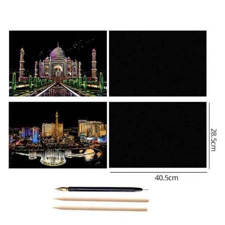 4 st Scratch Art Paper Set - Världslandmärken och djur, Glow in Dark, Stress Relief Craft för barn och vuxna