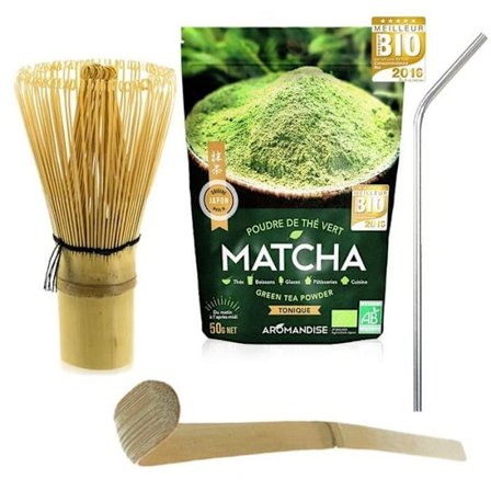 Matcha te + piskeris + bambusske + 4 sugerør i rustfrit stål