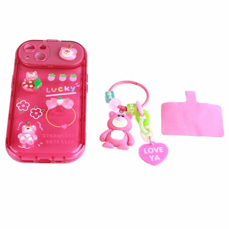 Stereoskooppinen sarjakuva tyylikäs pölytiivis pehmeä puhelimen pidike suojakotelo ripustettavilla koristeilla Mansikka Karhu IPhone13:lle