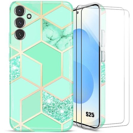 Beskyttelsesskal - BOOLING - til Samsung Galaxy S25 - Marmorprint i Turquoise - 2 Hærdede Glas - Stødsikker