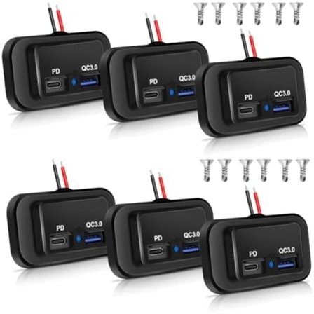 6 x 12V/24V RV USB-stik, Dobbelt PD3.0 Type C (USB C) og Hurtig Opladning QC3.0 USB-A Port, Panelmontering, Bil USB BUS-OPLADER