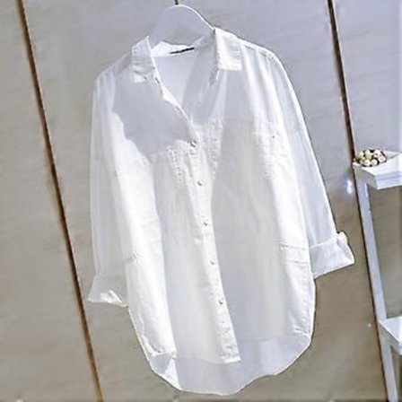 Ren Bomull Dobbel Lomme Hvit Skjorte Dame Langermet Bluse Vår Høst Topper Krage Knapper Uregelmessige Skjorter(XL hvit)