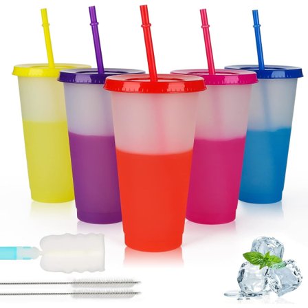 Kalde kopper med lokk og sugerør - 5-pakning fargeskiftende kopper 710 ml Stor magisk tumbler reisekrus - Gjenbrukbare plastkopper Smoothie Milkshake-